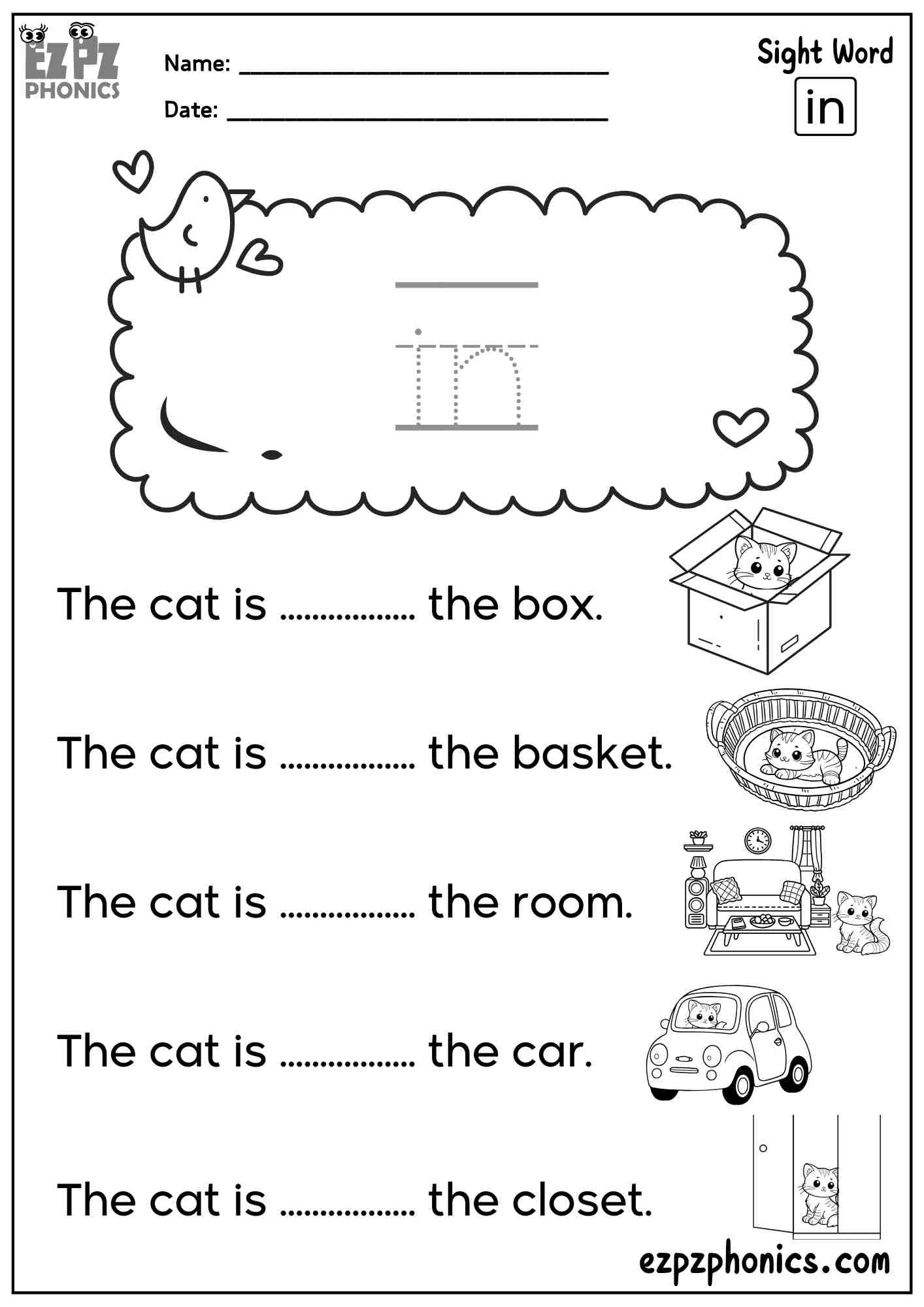 The Word “In” - Dolch Pre-Kindergarten Sight Words Sentences Worksheet – Free PDF Download